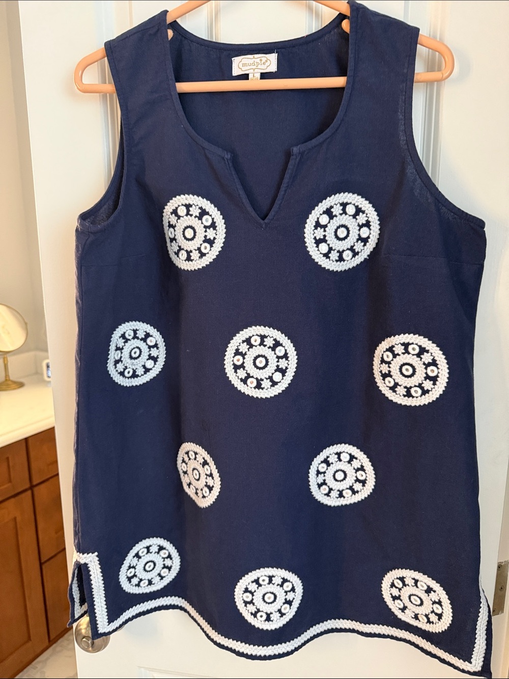 Mud Pie Navy Sleeveless Tunic with White Circular Embroidery